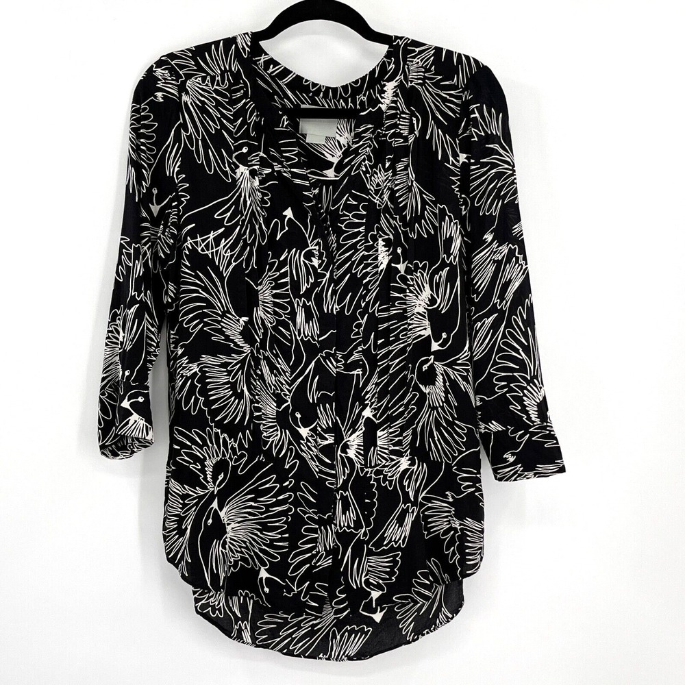 Maeve Anthropologie Size 4 Black Birds Allover Print Top Button Front 3/4 Sleeve